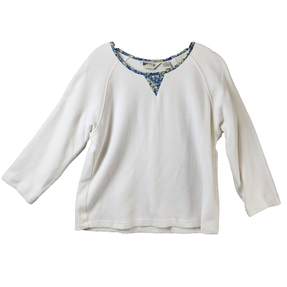 Orvis Long Sleeve Sweater Women's XL Cotton Off-White Blue Floral Neck